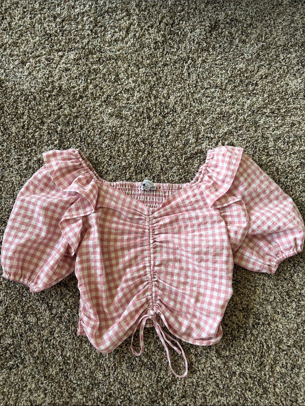 Pink Gingham Drawstring Puff Sleeve Crop Top